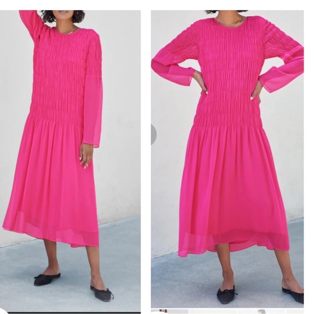AYR The Something Special Silk Dress Pink Crinkle Flowy Smocked Ruched Size XS